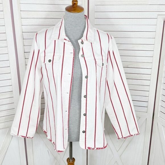 Chico’s Striped Denim Shirt Jacket Shacket White Red Large Floral Trim - Picture 1 of 14